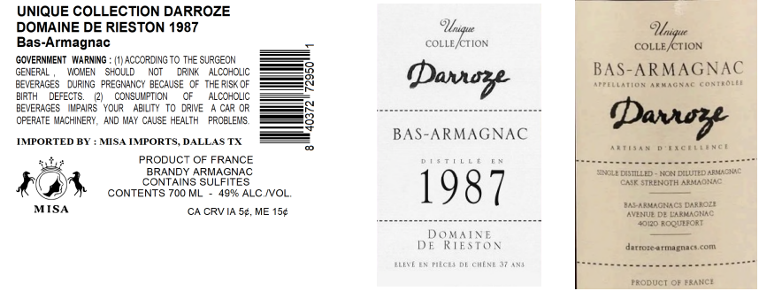 TABC label artwork for UNIQUE COLLECTION DARROZE DOMAINE DE RIESTON