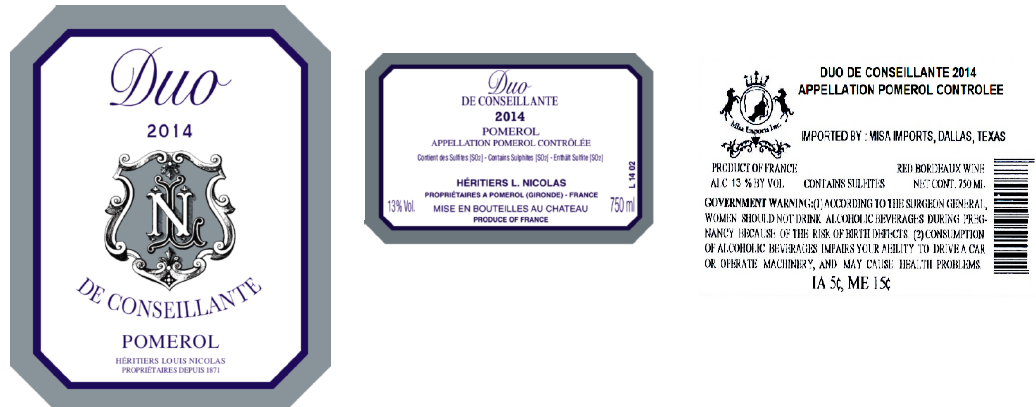 TABC label artwork for DUO DE CONSEILLANTE POMEROL