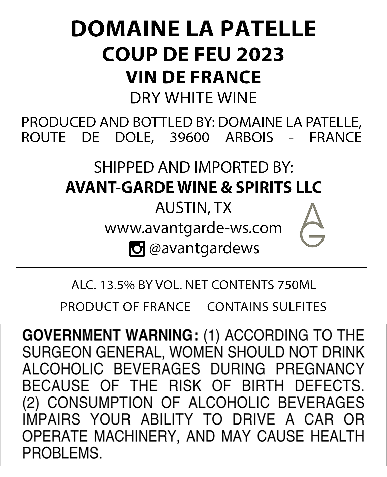 TABC label artwork for Domaine La Patelle Coup de Feu Vin de France