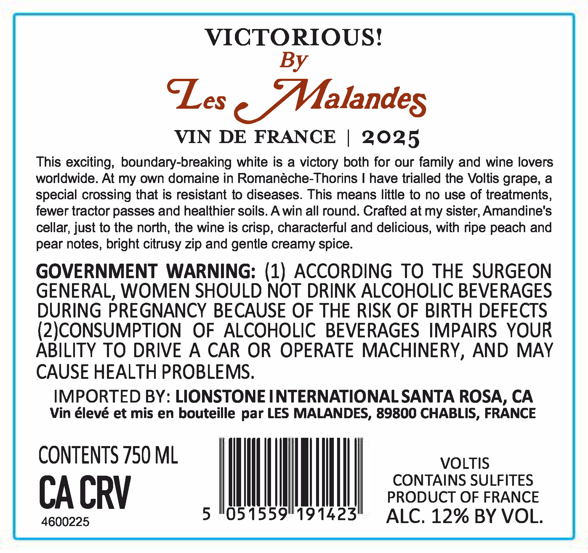 TABC label artwork for Victorious! by Les Malandes Vin de France Voltis, France