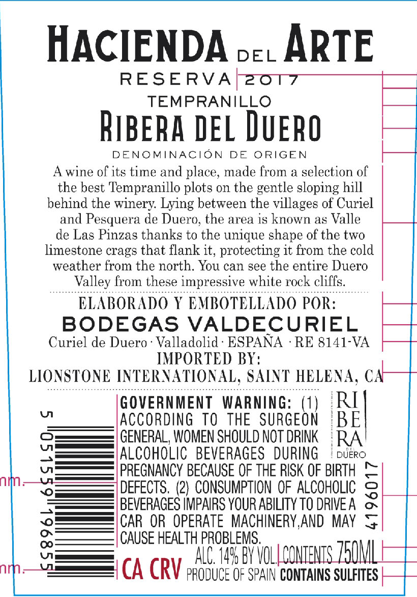 TABC label artwork for Hacienda del Arte Reserva Ribera del Duero Tempranillo, Spain