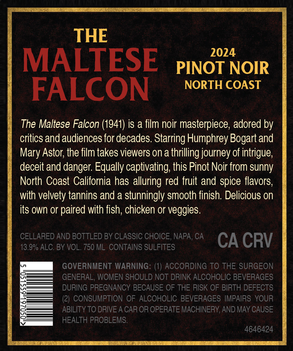 TABC label artwork for The Maltese Falcon Pinot Noir, North Coast