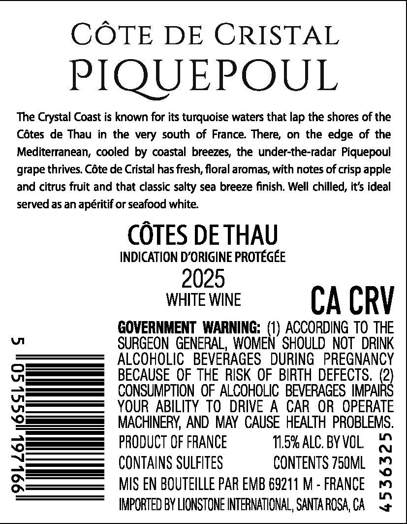 TABC label artwork for Cote de Cristal Cotes de Thau Piquepoul White Wine, France