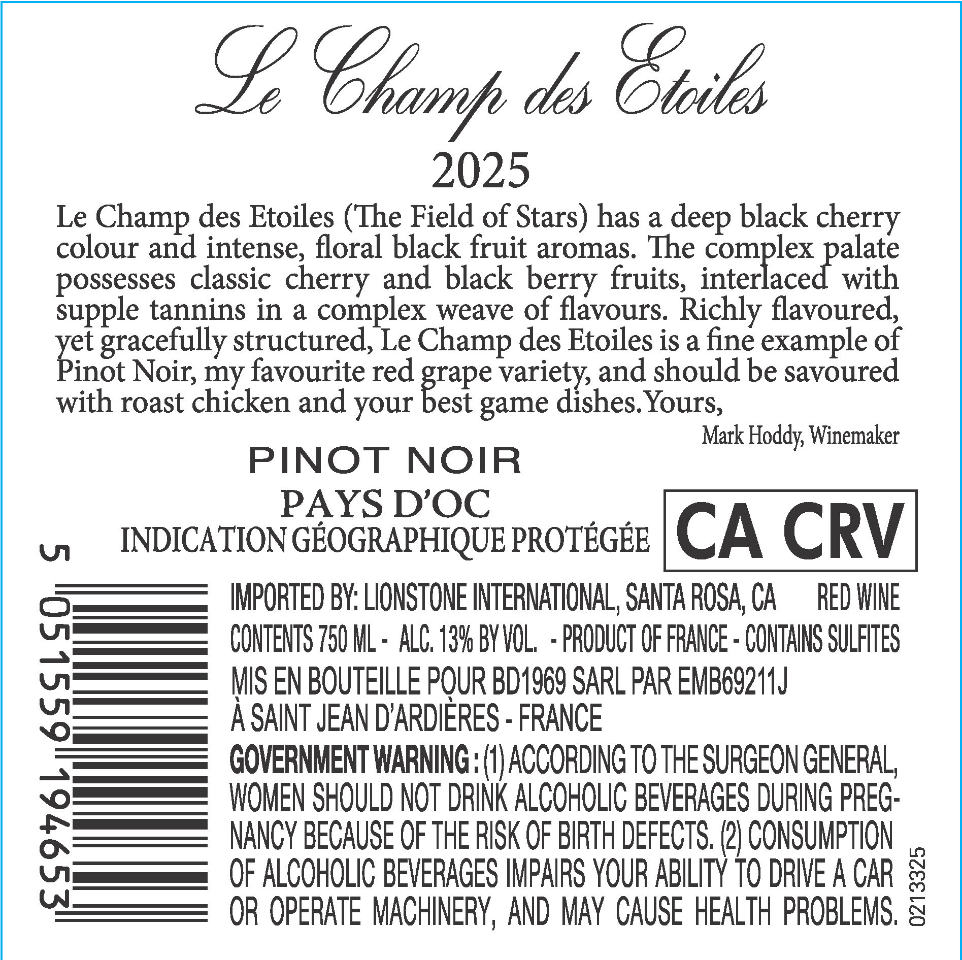 TABC label artwork for Le Champ des Etoiles Pays d'Oc Pinot Noir, France