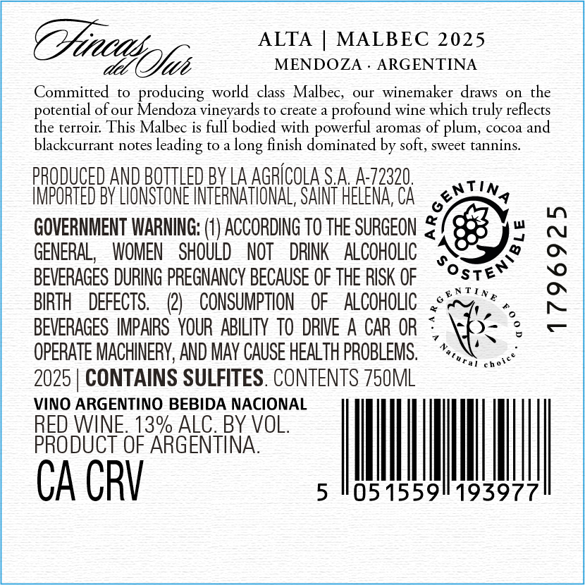 TABC label artwork for Fincas del Sur Alta Seleccion Mendoza Malbec, Argentina