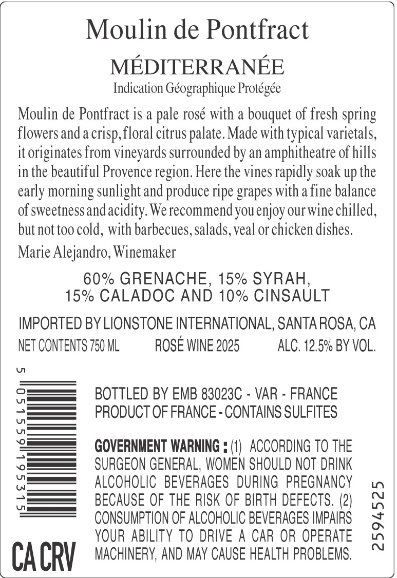 TABC label artwork for Moulin de Pontfract Mediterranee Grenache, Syrah, Caladoc, Cinsault Rose Wine, France