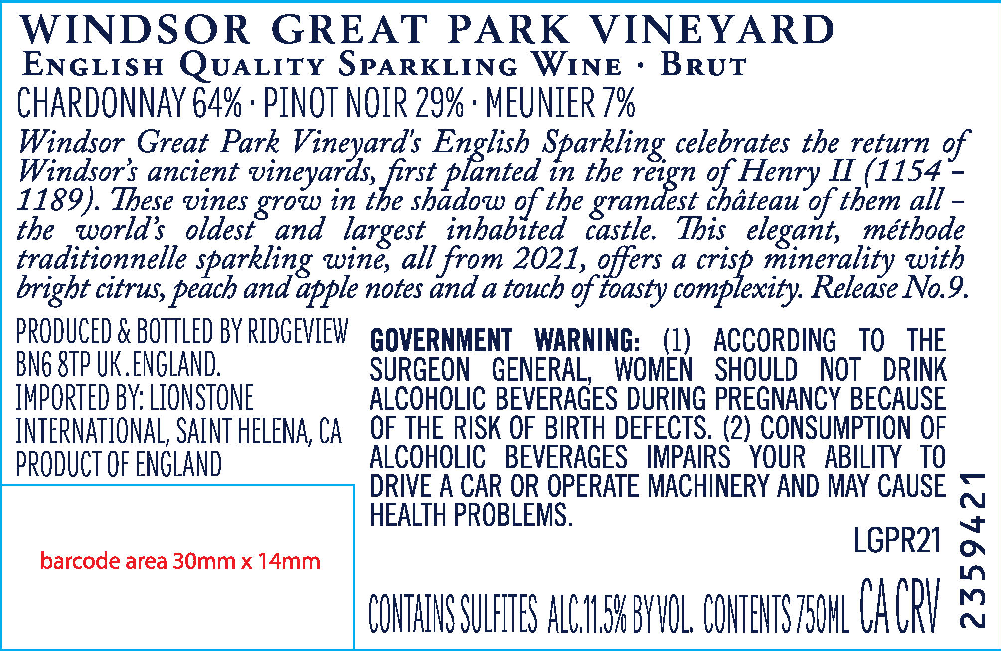TABC label artwork for Windsor Great Park Vineyard English Quality Sparkling Brut