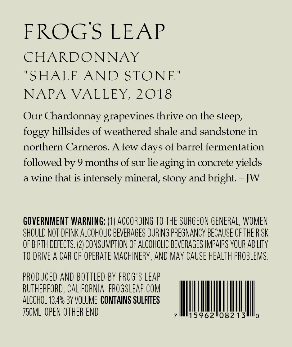 TABC label artwork for Frog's Leap Chardonnay Shale and Stone
