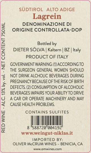 TABC label artwork for Niklas Weingut Lagrein
