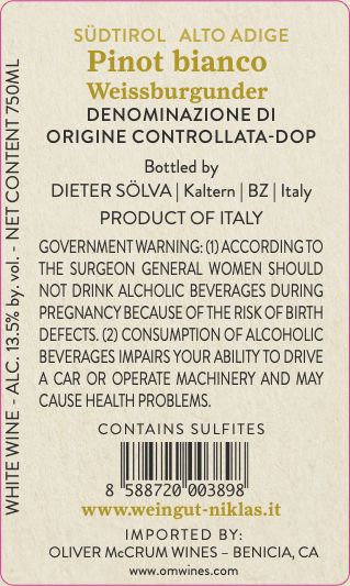 TABC label artwork for Niklas Pinot Bianco