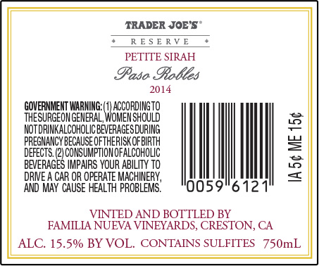 TABC label artwork for Trader Joe's Reserve Petite Sirah