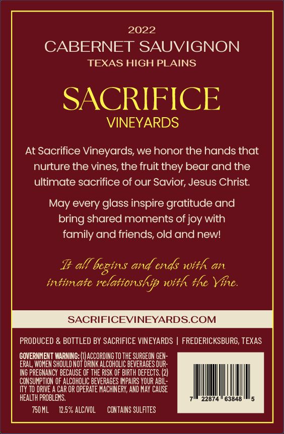 TABC label artwork for Sacrifice Vineyards Cabernet Sauvignon