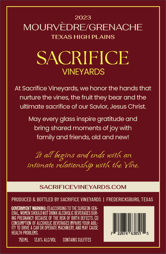 TABC label artwork for Sacrifice Vineyards Mourvedre Grenache