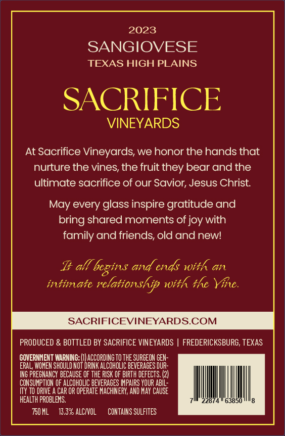 TABC label artwork for Sacrifice Vineyards Sangiovese