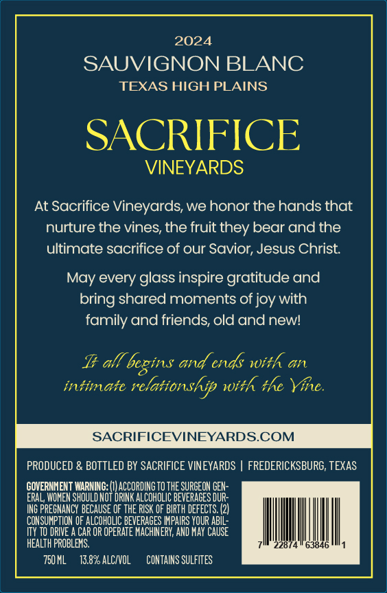 TABC label artwork for Sacrifice Vineyards Sauvignon Blanc