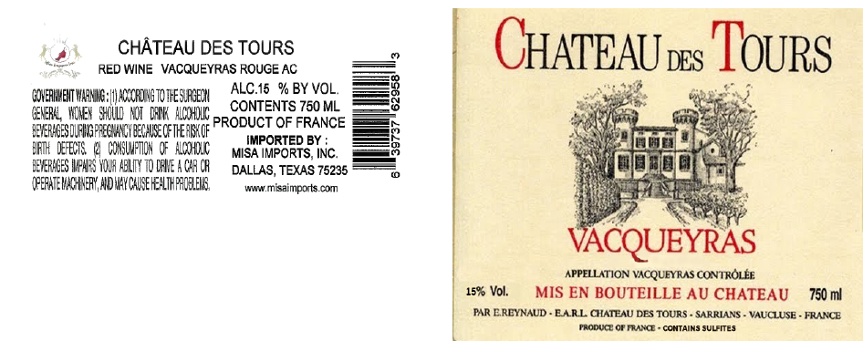TABC label artwork for CHATEAU DES TOURS VACQUEYRAS
