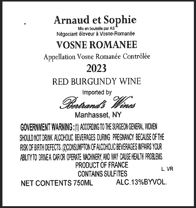 TABC label artwork for Arnaud et Sophie Vosne-Romanee Harmonie