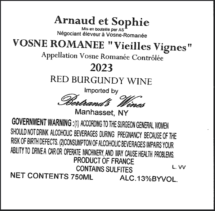 TABC label artwork for Arnaud et Sophie Vosne-Romanee Vieilles Vignes