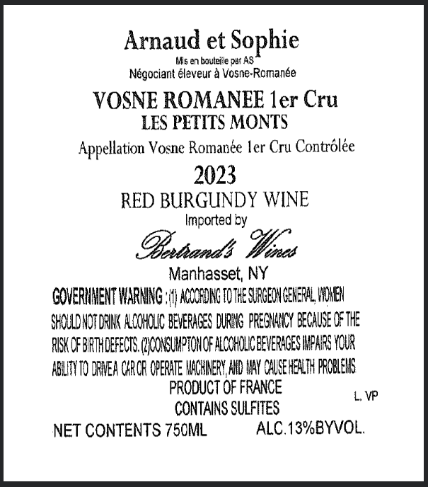 TABC label artwork for Arnaud et Sophie Vosne-Romanee 1er Cru Les Petits-Monts