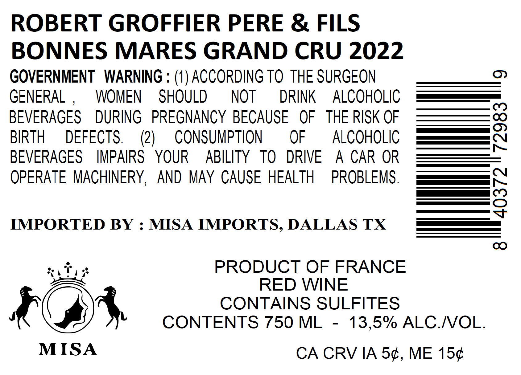 TABC label artwork for DOMAINE ROBERT GROFFIER PERE & FILS BONNES MARES GRAND CRU