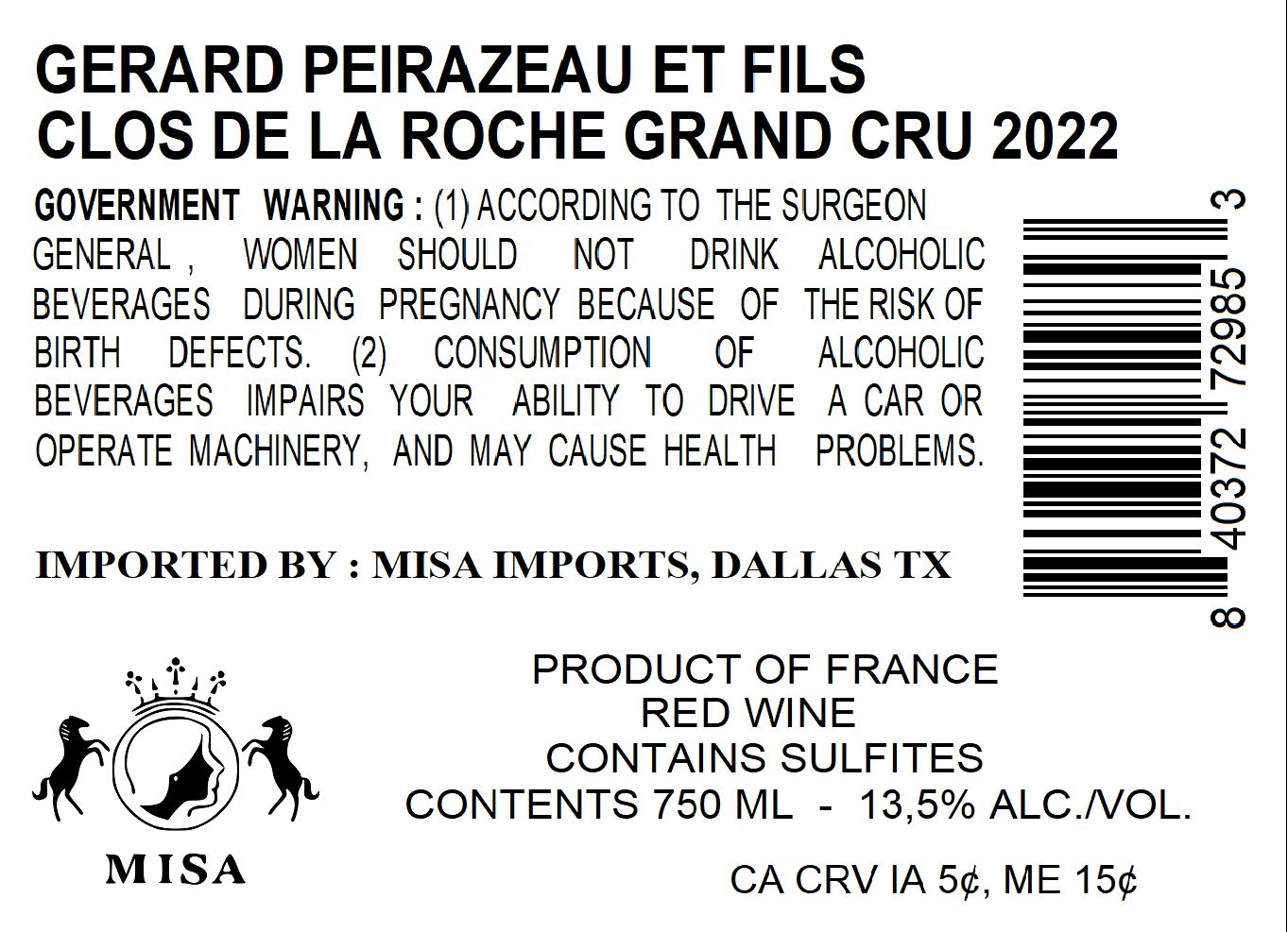 TABC label artwork for DOMAINE GERARD PEIRAZEAU ET FILS CLOS DE LA ROCHE GRAND CRU