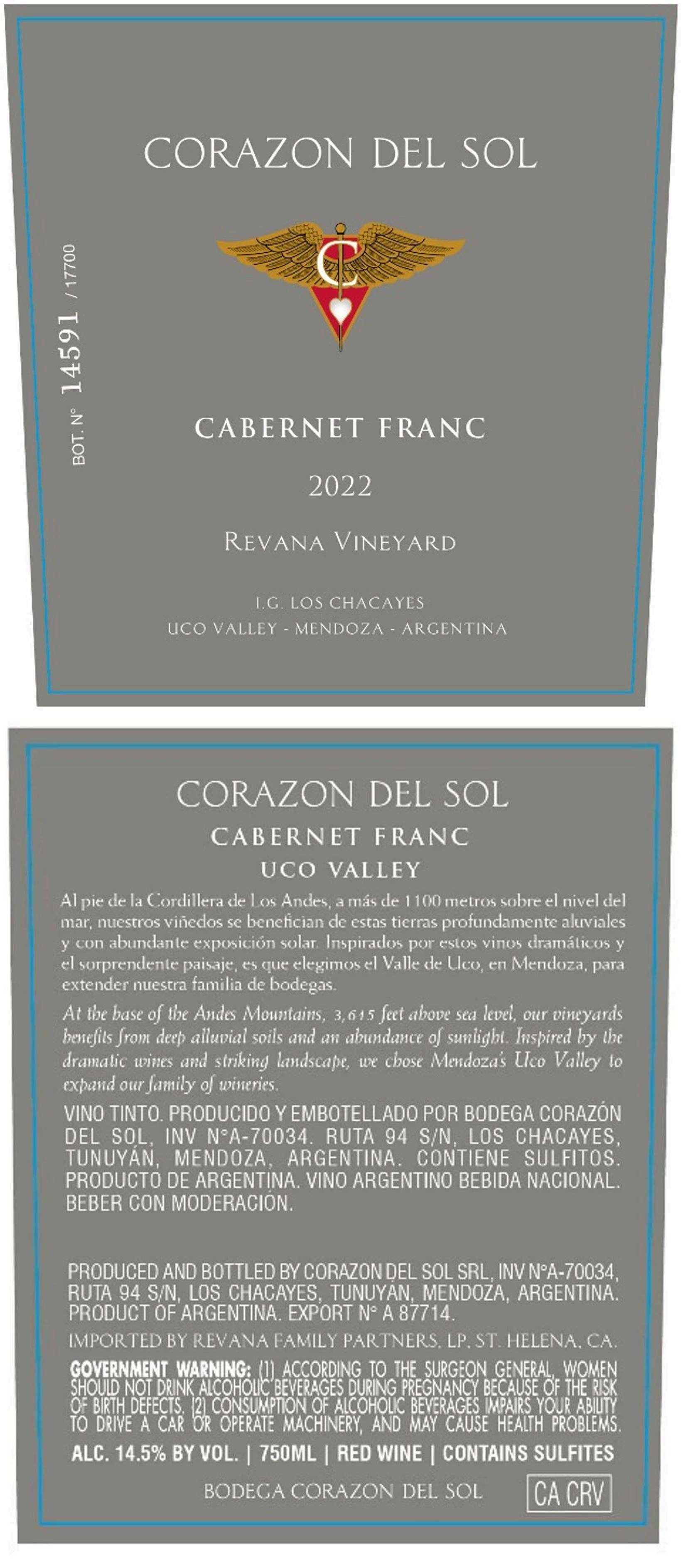 TABC label artwork for Corazon Del Sol - Cabernet Franc - Uco Valley