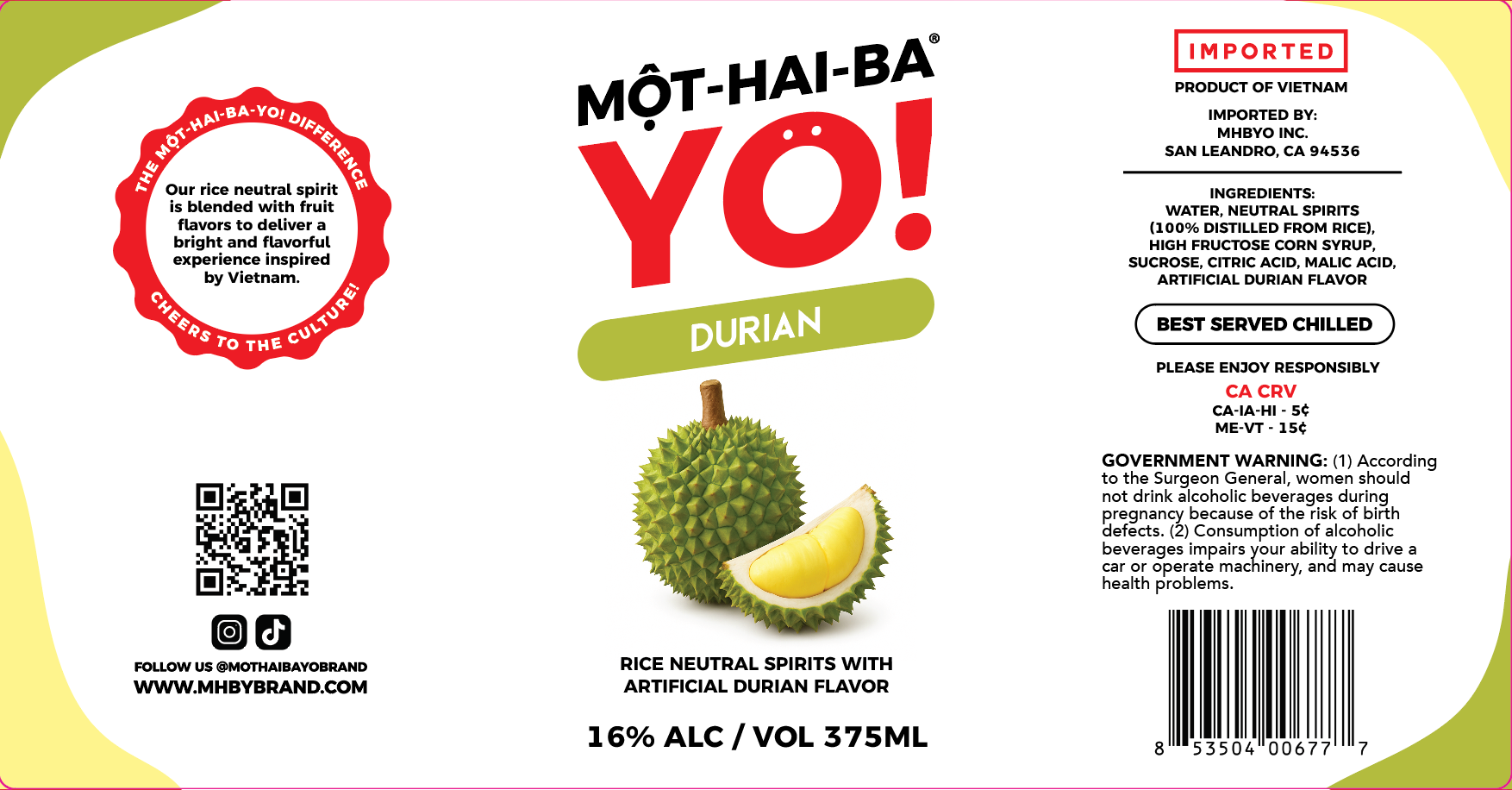 TABC label artwork for Mot-Hai-Ba-Yo! Durian Flavored Neutral Spirit