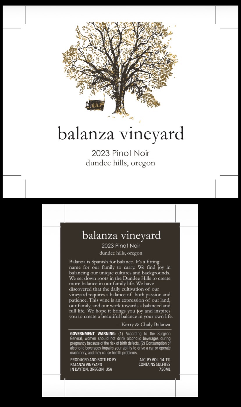 TABC label artwork for Balanza Vineyard Dundee Hills Pinot Noir