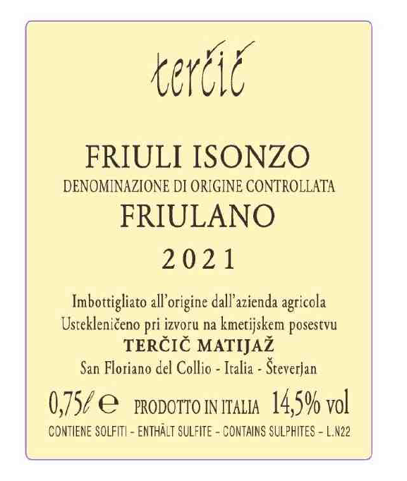 TABC label artwork for Tercic, Friulano