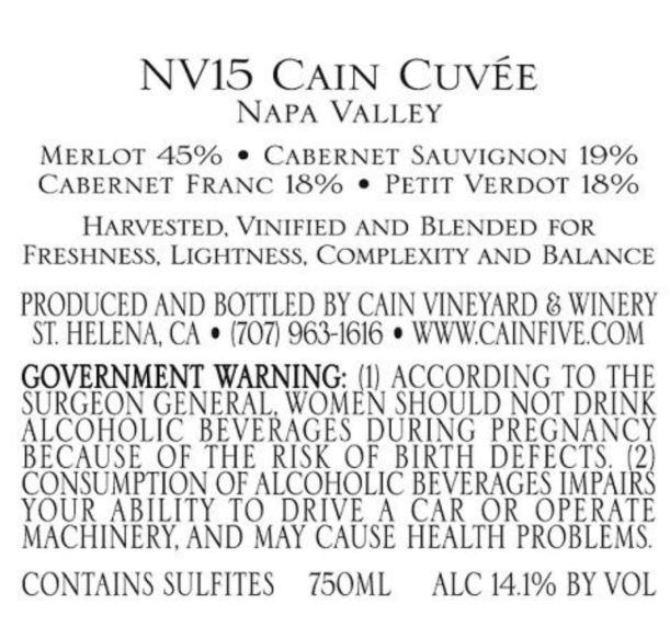 TABC label artwork for CAIN VINEYARD & WINERY CAIN CUVEE NAPA VALLEY