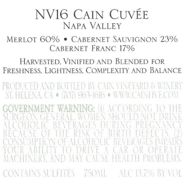TABC label artwork for CAIN CUVEE NAPA VALLEY RED WINE