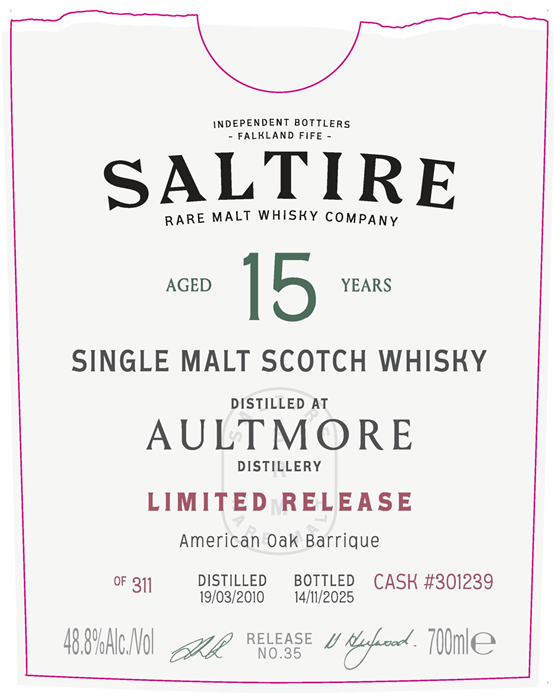 TABC label artwork for Saltire Single Malt Scotch Whiskey Aultmore Aged 15 Years