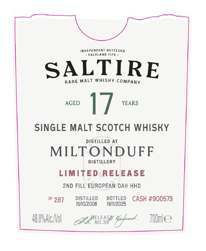 TABC label artwork for Saltire Single Malt Scotch Whisky Miltonduff Aged 17 Years