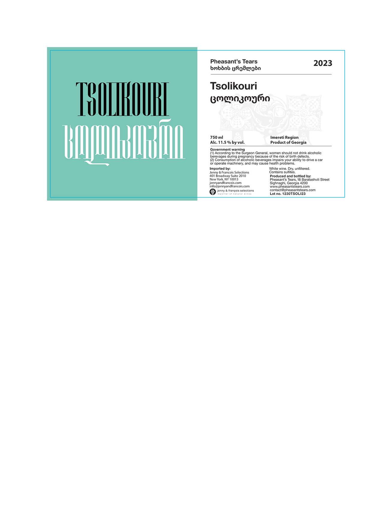 TABC label artwork for Pheasant`s Tears, Tsolikouri