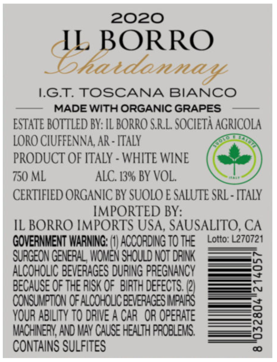 TABC label artwork for IL BORRO CHARDONNAY TOSCANA WHITE WINE
