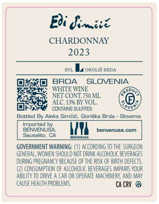 TABC label artwork for EDI SIMCIC Chardonnay BRDA, SLOVENIA WHITE WINE