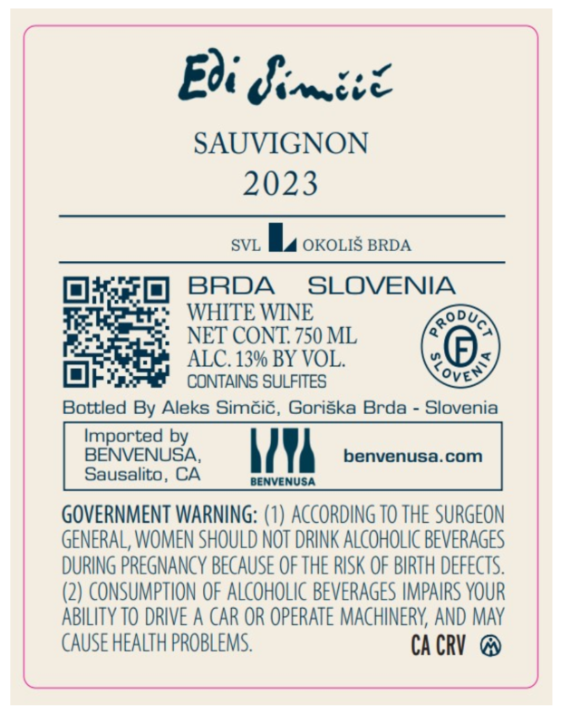 TABC label artwork for EDI SIMCIC Sauvignon BRDA SLOVENIA WHITE WINE