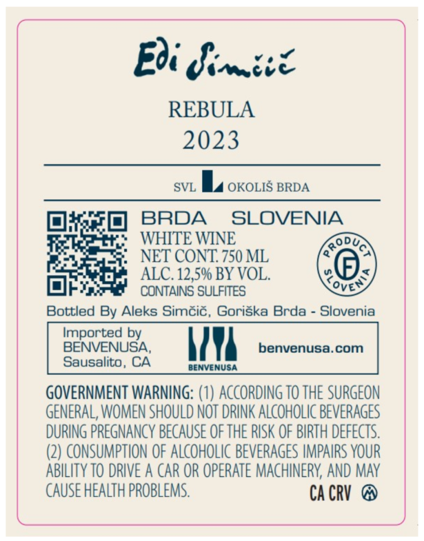 TABC label artwork for EDI SIMCIC REBULA BRDA SLOVENIA WHITE WINE