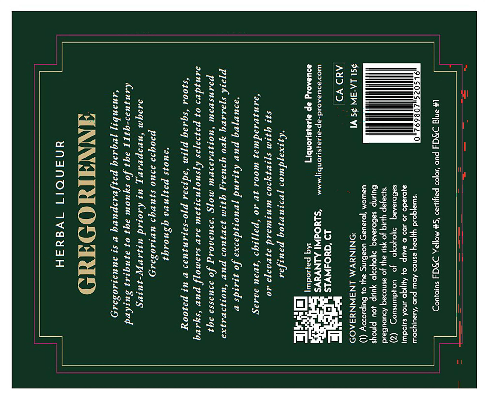 TABC label artwork for Gregorienne Herbal Liqueur