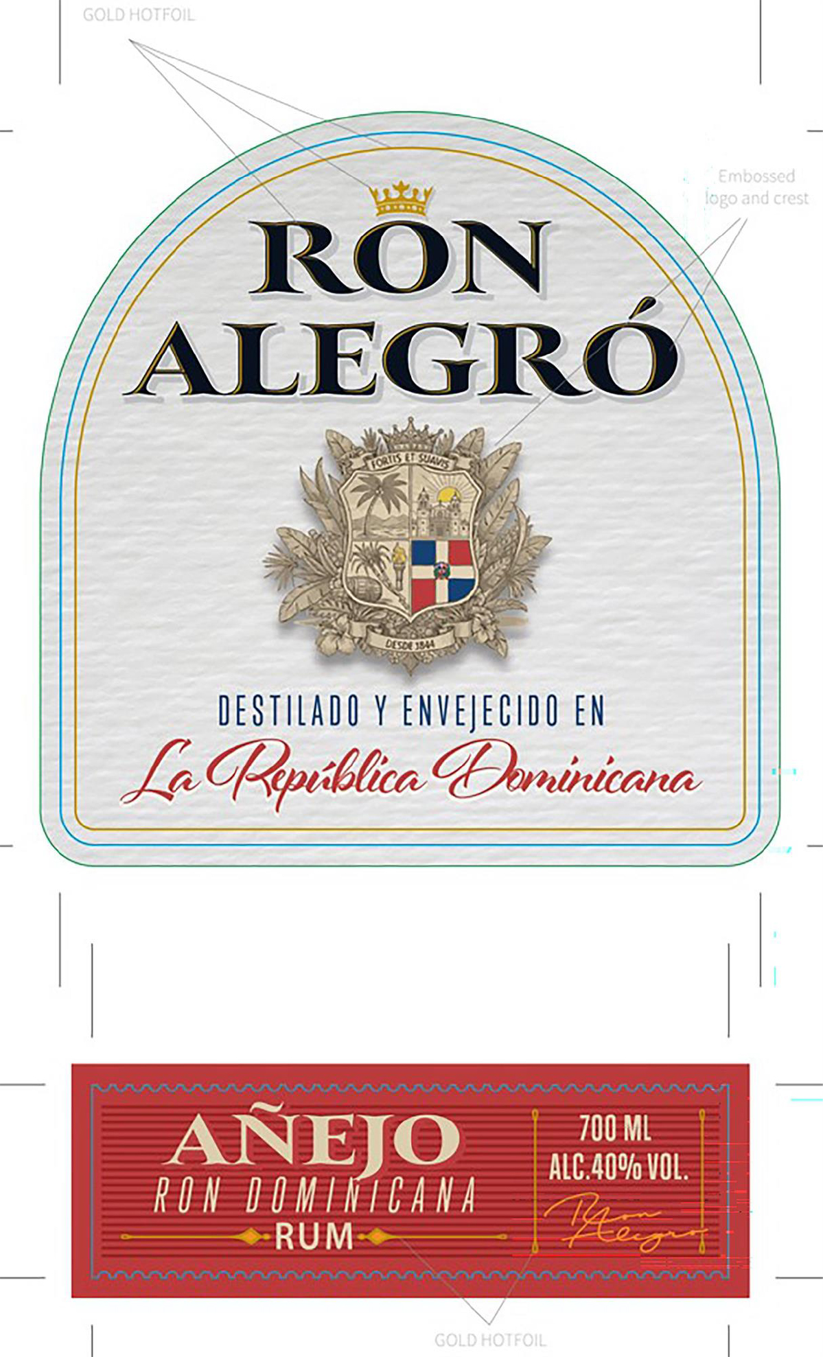 TABC label artwork for Ron Alegro Anejo Dominican Rum