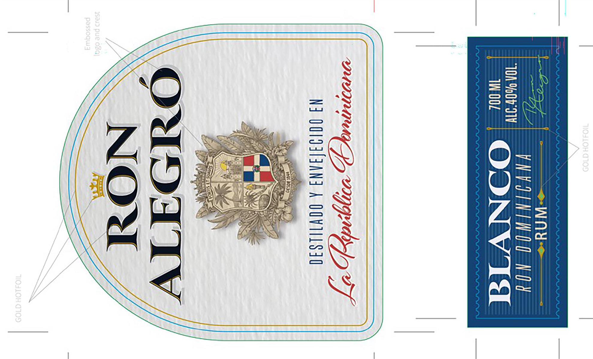 TABC label artwork for Ron Alegro Blanco Dominican Rum