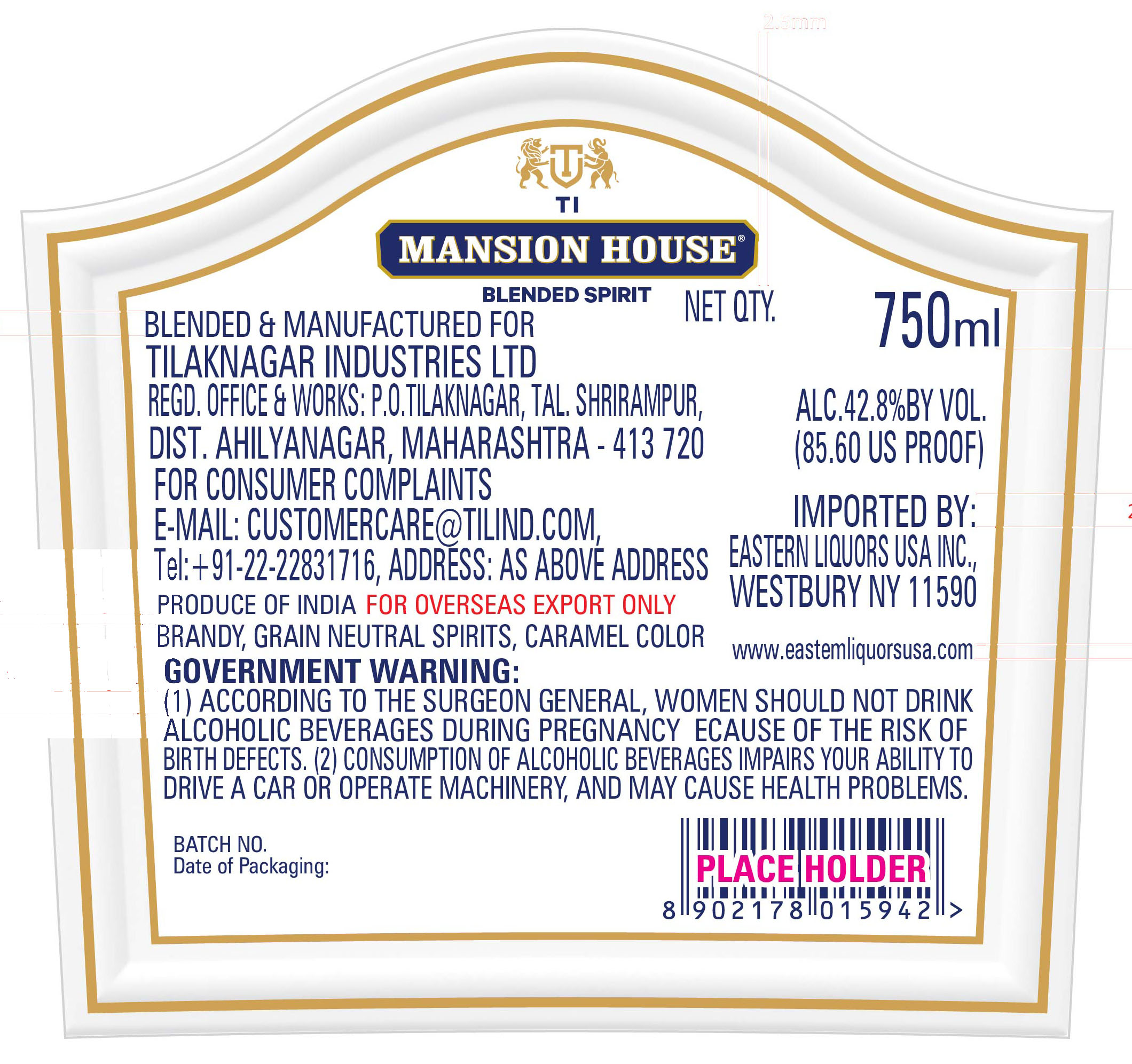 TABC label artwork for Mansion House Blended Spirit
