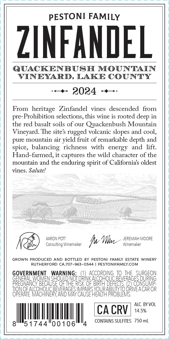 TABC label artwork for Pestoni Family Quackenbush Mountain Vineyard Lake County Zinfandel