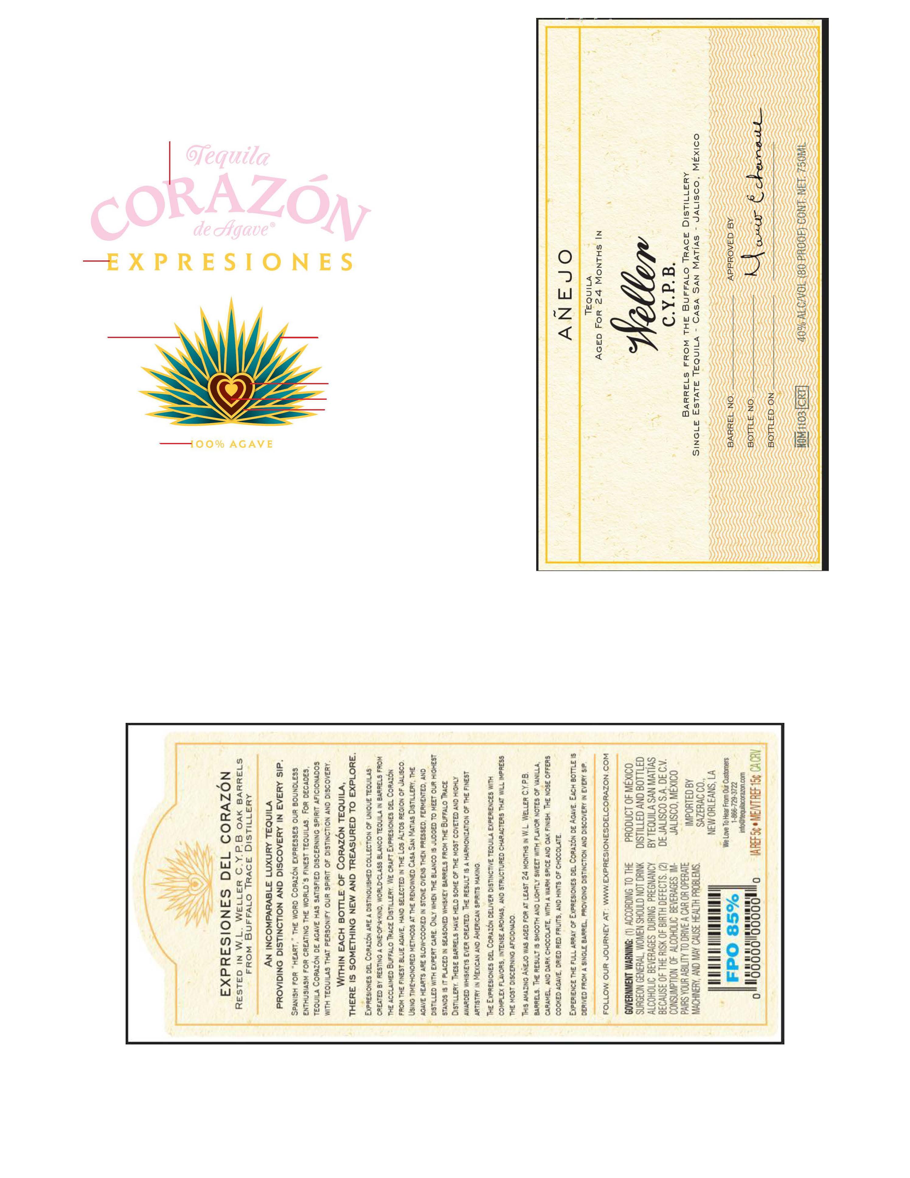 TABC label artwork for Corazon Expresiones Anejo Tequila Weller C.Y.P.B.