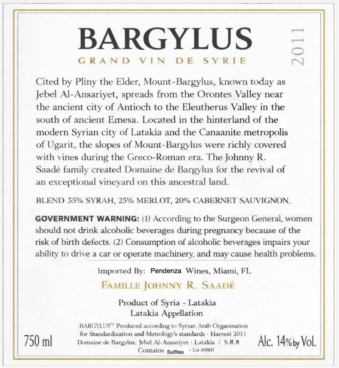 TABC label artwork for Bargylus Grand Vin De Syrie 2011