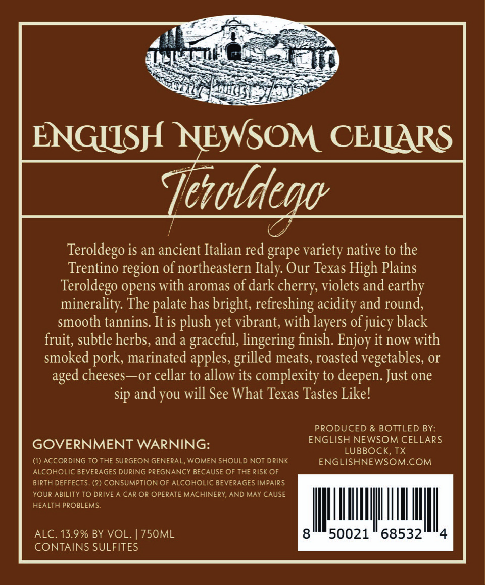 TABC label artwork for English Newsom Cellars Teroldego