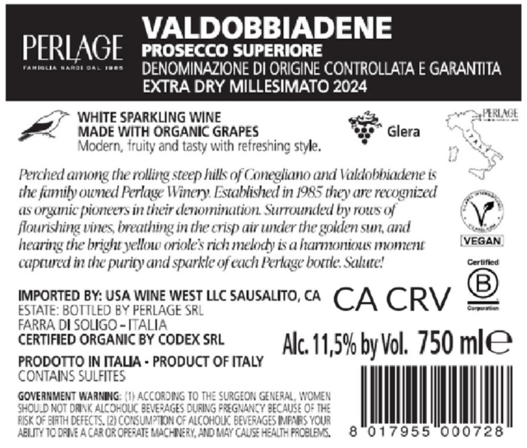 TABC label artwork for Perlage Cold Di Manza Glera Valdobbiadene Processco Superior Sparkling Wine