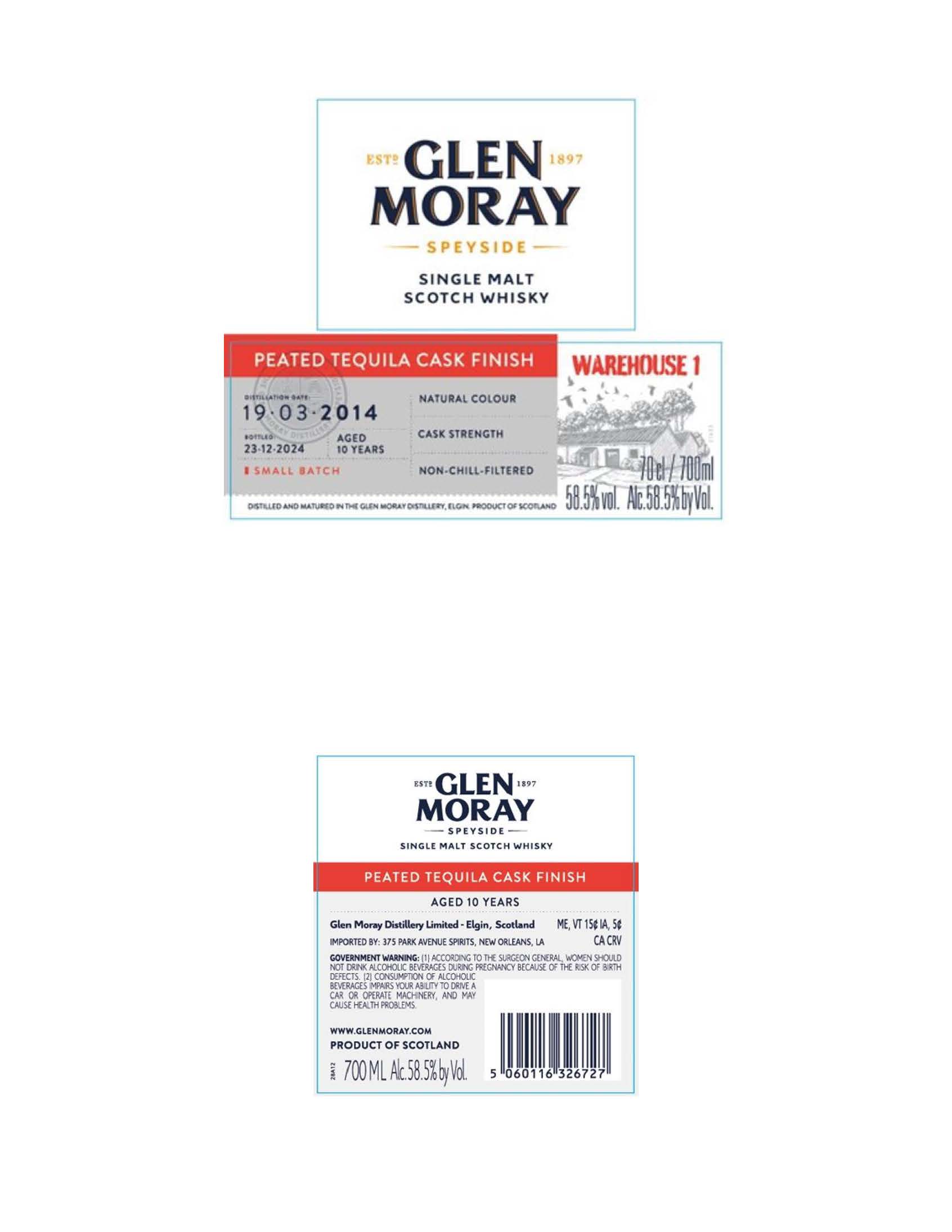 TABC label artwork for Glen Moray Single Malt Scotch Whisky Peated Tequila Cask Finish