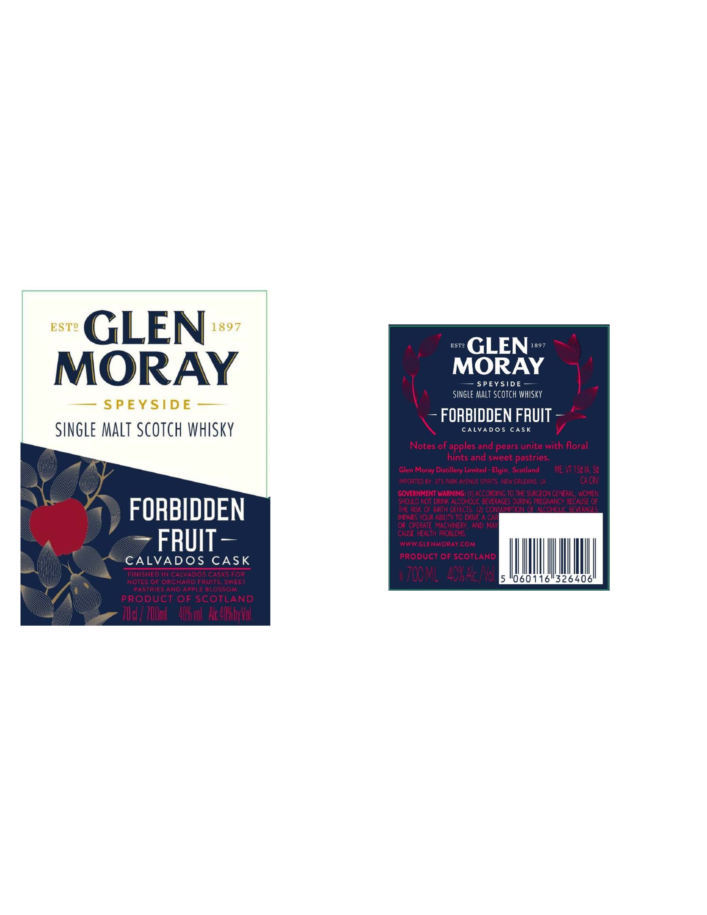 TABC label artwork for Glen Moray Single Malt Scotch Whisky Forbidden Fruit Calvados Cask