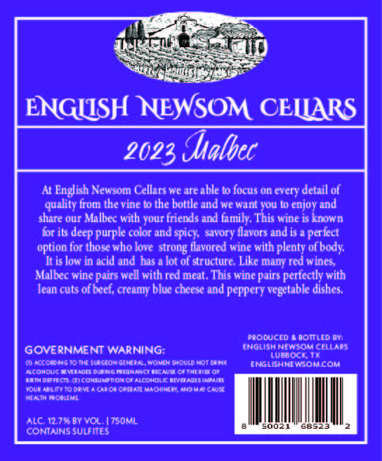 TABC label artwork for English Newsom Cellars Malbec